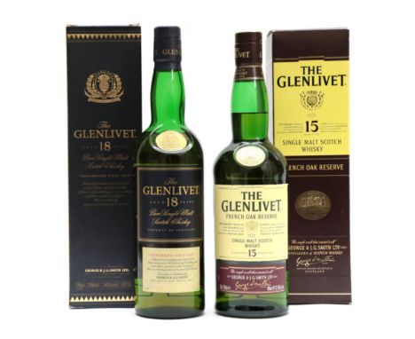 The Glenlivet 18 Year Old Pure Single Malt Scotch Whisky 43% 70cl, in original card sleeve (one bottle), The Glenlivet 15 Yea
