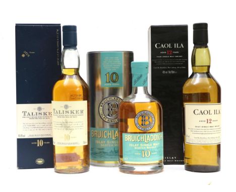 Bruichladdich 10 Year Old Islay Single Malt Scotch Whisky 46% 70cl, in original tin tube (one bottle), Talisker 10 Year Old S