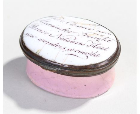 Nelson interest, an early 19th Century Bilston enamel patch box with the text "Where Caesar and Alexander fought brave Nelson