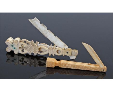 Two Napoleonic early 19th Century Prisoner of War bone tools, both with various tools, to include a snuff spoons, picks and b