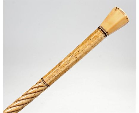 Fine George III whale bone walking stick, the octagonal top above a rope twist carved shaft, 89cm long