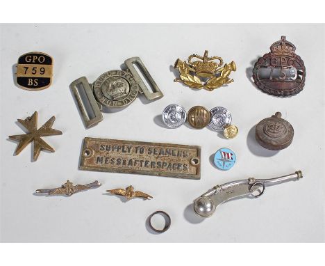 Collection of militaria items, to include a Naval lighter, Maltese cross, RAF sweet heart brooches, GPO badges, bosuns whistl