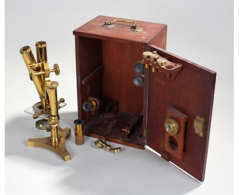 R & J Beck' brass binocular microscope, signed R&J BECK, LONDON & PHILADELPHIA, No. 11786, in a mahogany case with lenses, th