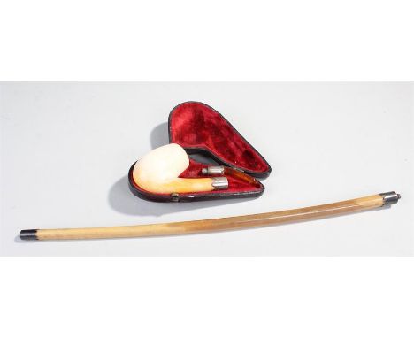 Victorian whalebone and Meerschaum church wardens pipe, the long whale bone pipe with screw on amber end and screw on Meersch