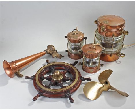 Ships lights, to include an Anchor light, Anchor Seahorse and a  Davey & Co, together with a ships wheel Tyfon speaker and pr