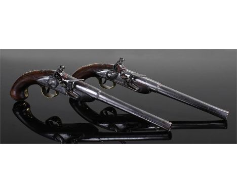 Fine pair of early 18th Century flintlock pistols, the pair at 30 bore with swamped barrels signed R HOUISON with steel barre