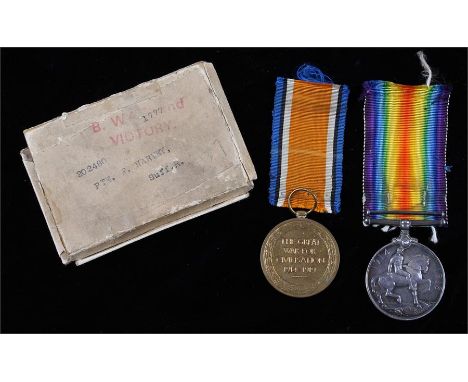 Suffolk Regiment, First World War pair of medals, Victory and War medal awarded to (202480 PTE F HARVEY SUFF. R.)