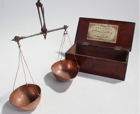 Cased early 19th Century apothecary beam scales, the label to the lid for W & T Avery, Birmingham, the scales with copper bow