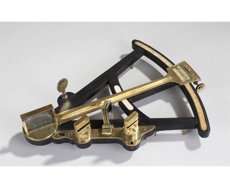 19th Century Frame Octant, circa 1850, unmarked, lacquered brass on ebony frame, with ivory inset scales