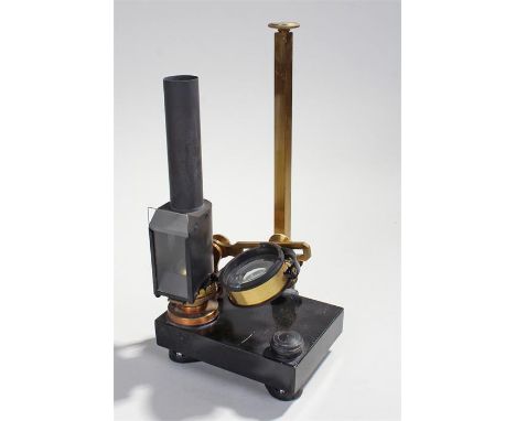 Victorian microscope illuminator/lamp, the burner with glass front, an adjusting arm with the lens attached on a black metal 