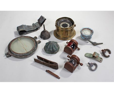 Maritime items, to include a compass, a lamp hood, a bucket rim from the ship Valde, a portcullis, a lamp, etc, (qty)