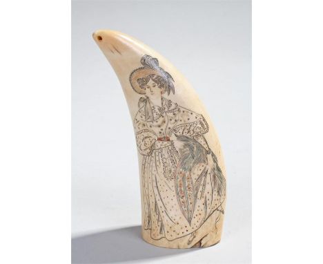 Fine large 19th Century Scrimshaw whales tooth, decorated with an engraved design of a lady with a bonnet, a red belt and gre