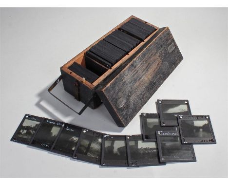 Collection of magic lantern slides, to include buildings, figures, scenes of Portugal and Spain, cased