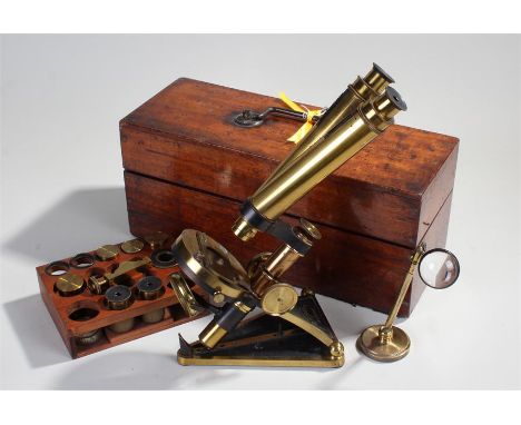 19th Century binocular microscope, R & J Beck, London no.6363,  having adjustable base and in original mahogany box containin