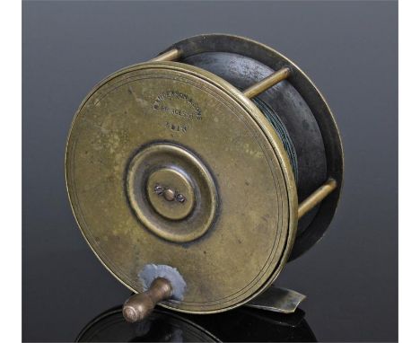R Anderson & Sons fishing reel, Princes St, Edinburgh, the brass reel with brass handle, 11.5cm diameter