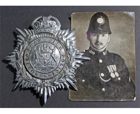 Nottingham City Police helmet badge, together with a photograph of the police officer William Henry Smith