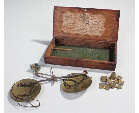 19th Century Young & Son apothecary scales, the brass pans and steel arm, weights, paper label applied to the lid, 17.5cm