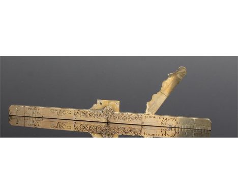 Fine 18th Century brass folding set square, by Macquart Paris, the swag and scroll engraved hinged arms, with internal hinged