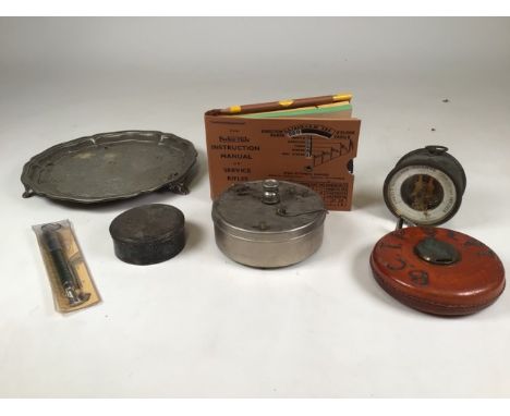 A collection of miscellaneous items to include silver plated tray, vintage measuring tape, instruction Manuel for service rif