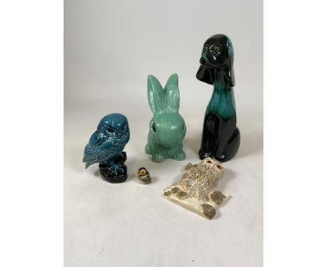 Five ceramic figurines to include a Poole Pottery owl, Sylvia ware rabbit, dog figurine and two small owls. 