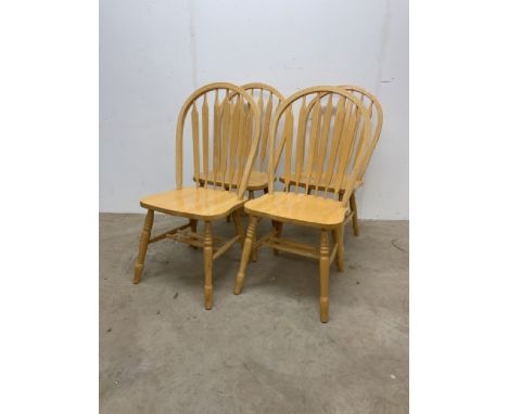 Four hardwood kitchen stick back dining chairs.W:47cm x D:43cm x H:96cm