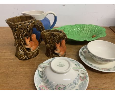 A set of six Bristol soup bowls and saucers also with two Sylvac squirrel vases, a Carlton dish and a Clovelly jug.