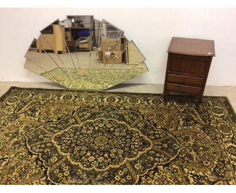 A sewing box with contents a green modern rug a a mirror (with damage.)