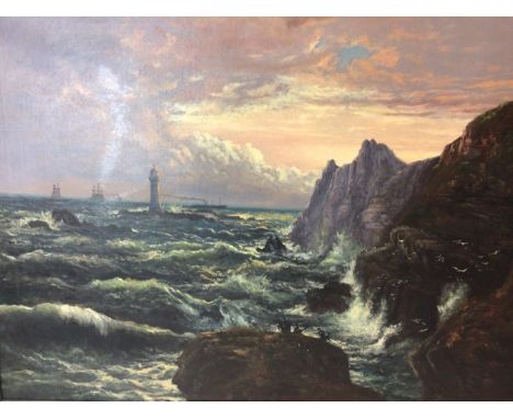 English School. Oil on canvas. A seascape with crashing waves and ships on the horizon. In gilt ebonised frame.  W:114cm x D: