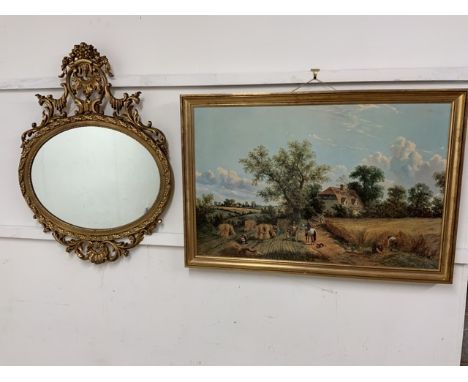 A modern decorative gold mirror also with a country print from an oil painting.W:67cm x D:cm x H:90cm