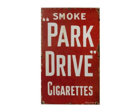 A Park Drive Cigarettes enamel advertising sign,single-sided in red and white, 59 x 35cm, some chips, loss and rusting to mou
