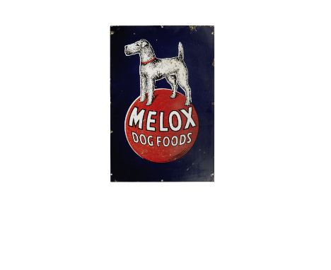 A Mellox Dog Foods enamel advertising sign,single-sided in four colours, 75 x 51cm, pictorial depict a terrier, some chips, l