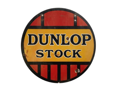 A Dunlop Stock double-sided enamel advertising sign,hanging type, circular 61cm diameter, some chips, loss and rusting to mou