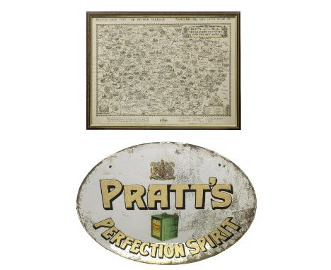 A 'Pratt's Perfection Spirit' mirror and a framed Pratt's map,the oval mirror with bevelled edge, with gilt-lettering, featur