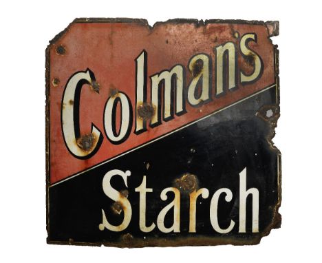 A Colman's Starch enamel advertising sign,single-sided, weathered with rusting and loss to metal and enamel, 90 x 96cm.  Lot 