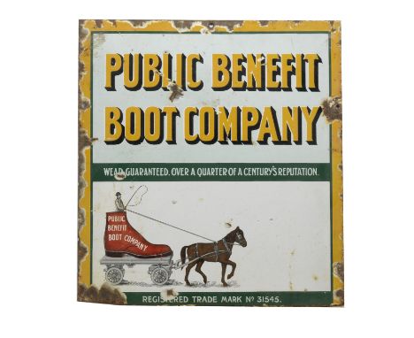 A Public Benefit Boot Company enamel advertising sign,single-sided, lower edge trimmed, now 37 x 34cm, some chips loss to mou
