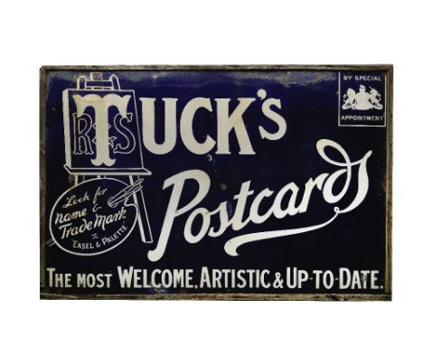A large R S Tuck's Postcards enamel advertising sign,single-sided, in blue and white, weathered with some rusting and loss to