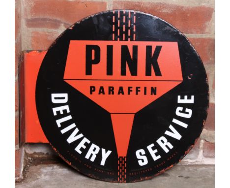 A Pink Paraffin enamel sign,double-sided, flange mounted, 40 x 38cm; together with a  BP Royal Standard Lamp Oil enamel sign,