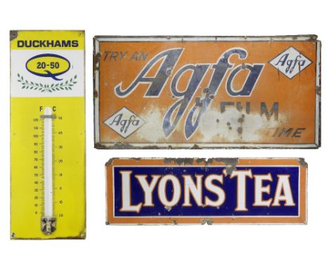 Three enamel advertisings signs,each single-sided, comprising Duckhams Q 20-50 thermometer (lacking glass tube), 91 x 33cm; A