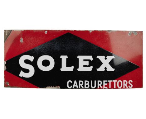 A Solex Carburettors enamel sign,single-sided, in red, black and white, lower edge and left margin trimmed, 40 x 98cm, with c