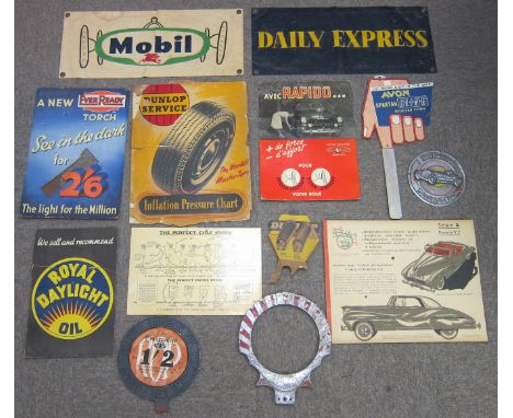 A quantity of cardboard advertising items,including examples for Avon Scooter tyres; Dunlop; Ever Ready torches; Royal Daylig