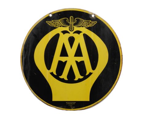 An AA double-sided enamel sign,small circular hanging type in traditional yellow and black by Franco SW1, 45.5cm diameter, so