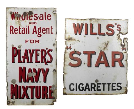 Two tobacco enamel advertising signs,both single-sided, comprising Wholesale and Retail Agent for Player's Navy Mixture, in r
