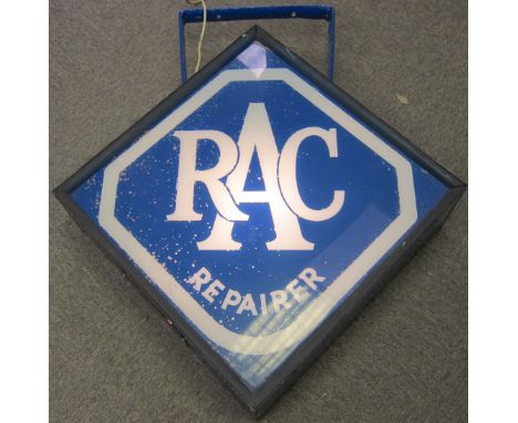 An RAC Repairer double-sided illuminating hanging sign,fitted with mounting bracket, metal cased, glazed panels with some pai