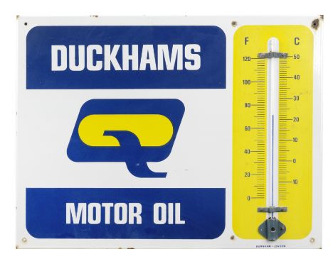 A Duckhams Q Motor Oil enamel advertising thermometer by Burnham of London,single sided in blue and yellow on white, with fla
