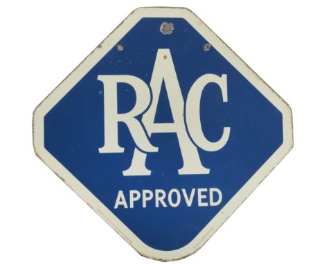 An RAC Approved double-sided enamel sign,diamond shaped, hanging sign, in blue and white by Bruton of Palmers Green, 56 x 57.