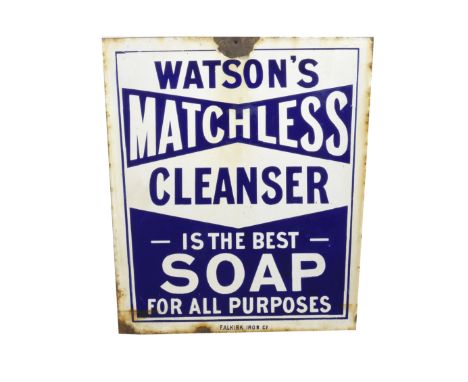 A Watson's Matchless Cleanser seat back enamel sign,single-sided by Falkirk Iron Co, 35.5 x 33cm, later drilled with top moun