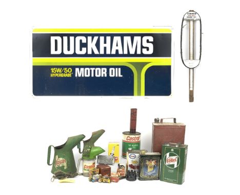 A Duckhams 15W/50 Hypergrade Motor Oil printed tin sign,single-sided, 76 x 150cm; together with other garage collectables inc