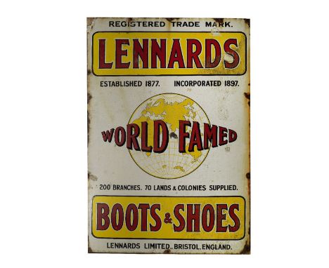 A Lennards World Famed Boots &amp; Shoes enamel advertising sign,single-sided, by Wyman &amp; Sons Ltd, London, weathered wit