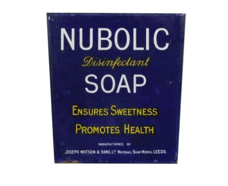 A Watson's Matchless Cleanser/Nubolic Disinfectant Soap double-sided seat back enamel sign,by Falkirk Iron Co Ltd, in three c