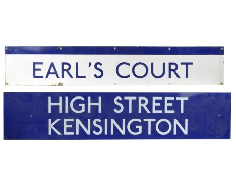 Two London Underground station name enamel signscomprising  High Street Kensington, station name strip, lettered in white on 